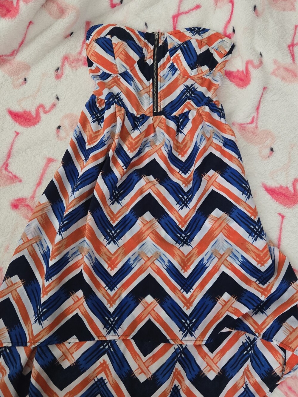 2010s Strapless Chevron Print High Low Summer Dress in Orange & Blue